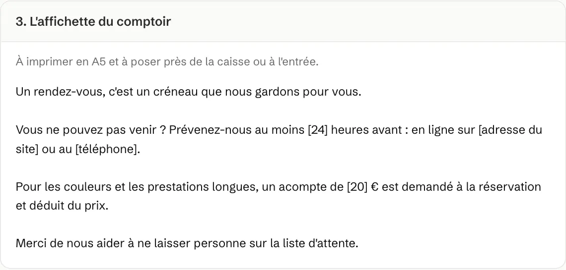 Affichette de politique d'annulation pour salon de coiffure : prévenir 24 heures avant, acompte de 20 € déduit du prix